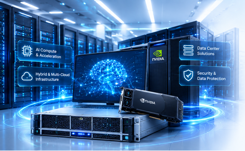 Server rack, GPU card and monitor showing an AI neural network, in a datacenter aisle