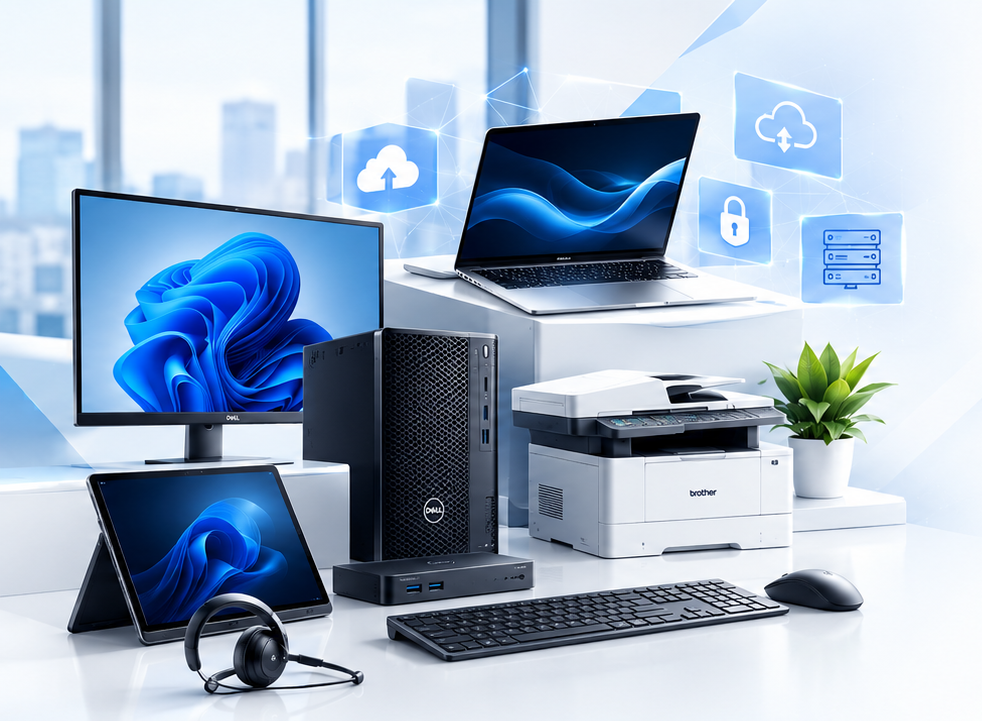 Dell monitor, laptop, tower workstation, printer and peripherals on a white desk