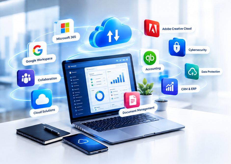 Laptop with dashboard on screen surrounded by Microsoft 365, Google Workspace, Adobe, cybersecurity and accounting app icons